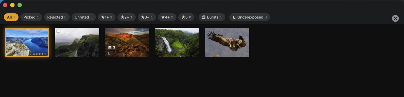 The same burst collapsed to a single thumbnail in the grid, with a stack badge showing the frame count