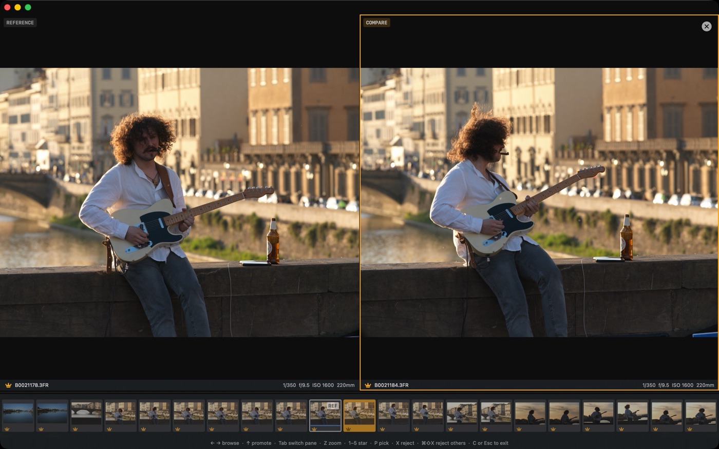 Compare view: the reference photo on the left, a candidate on the right, with the filmstrip below for stepping through the other frames