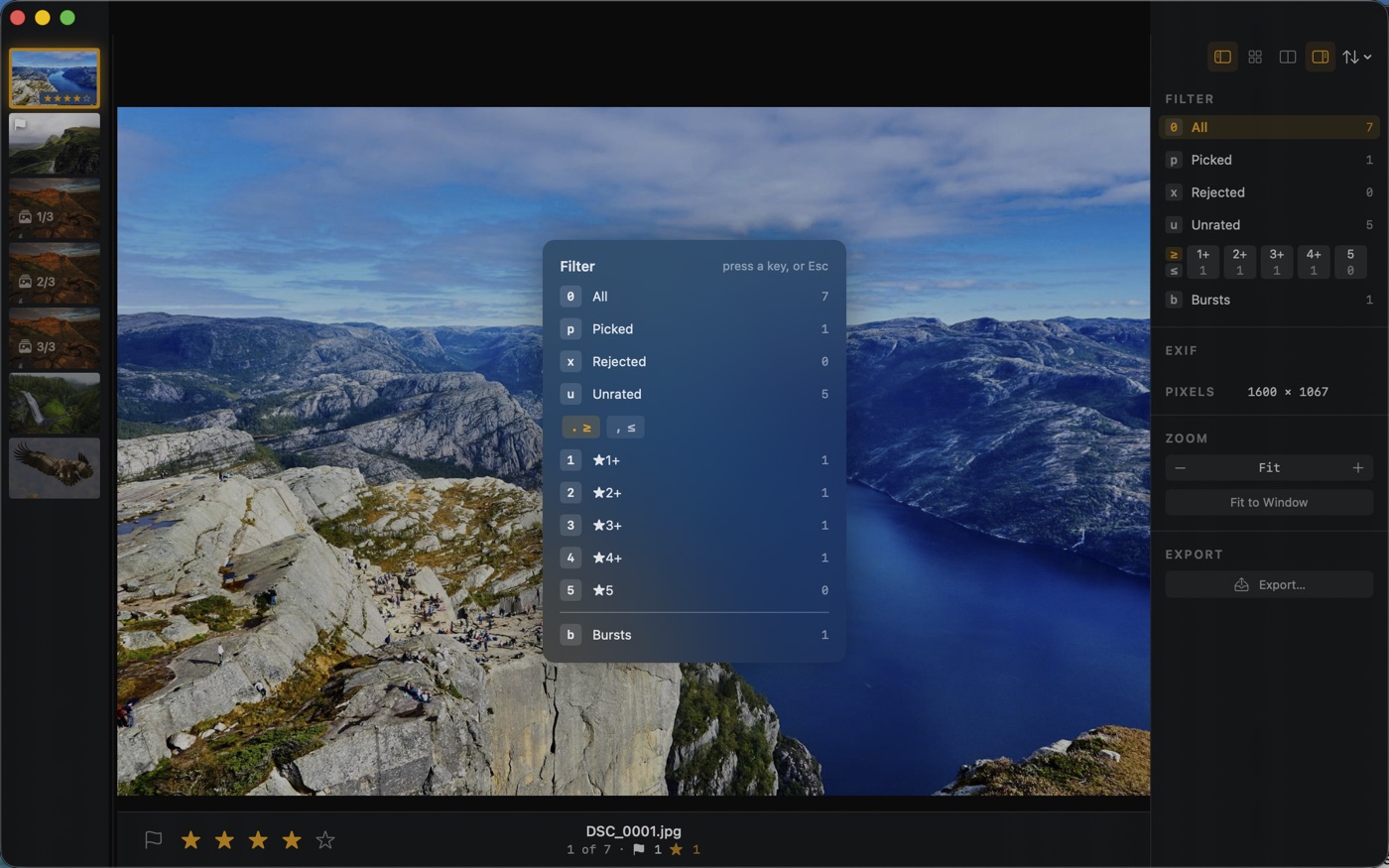 The filter prompt opened with F. Press a key to filter by flag, rating, label, or burst, and use the comma and period keys to switch the star direction between at-or-above and at-or-below. Each row shows how many photos match