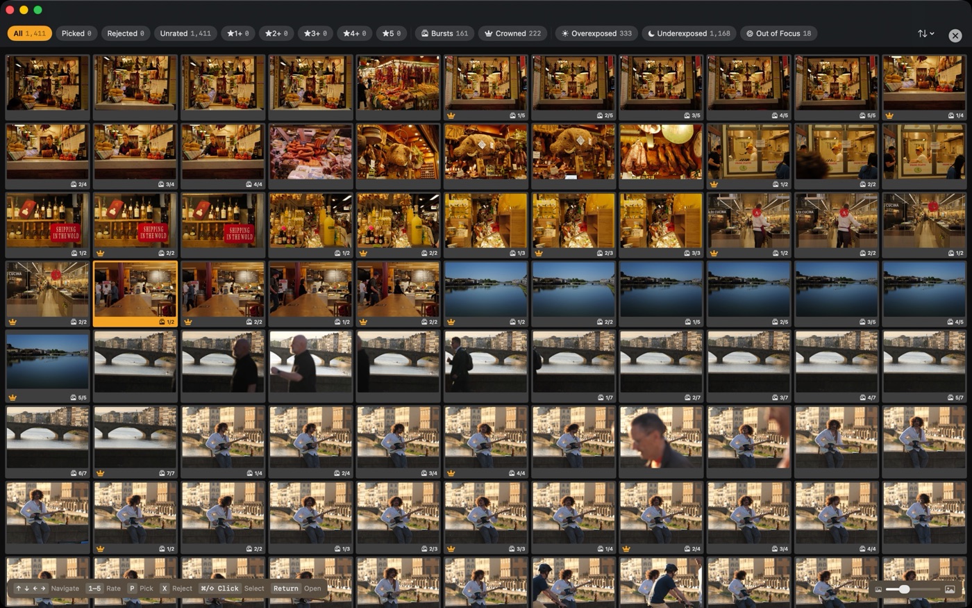 The grid view. Filter chips run across the top (Picked, Rejected, star ratings, Bursts, and quality hints), with the sort menu and the close button at the right end; burst frames carry a stack badge such as 2/3