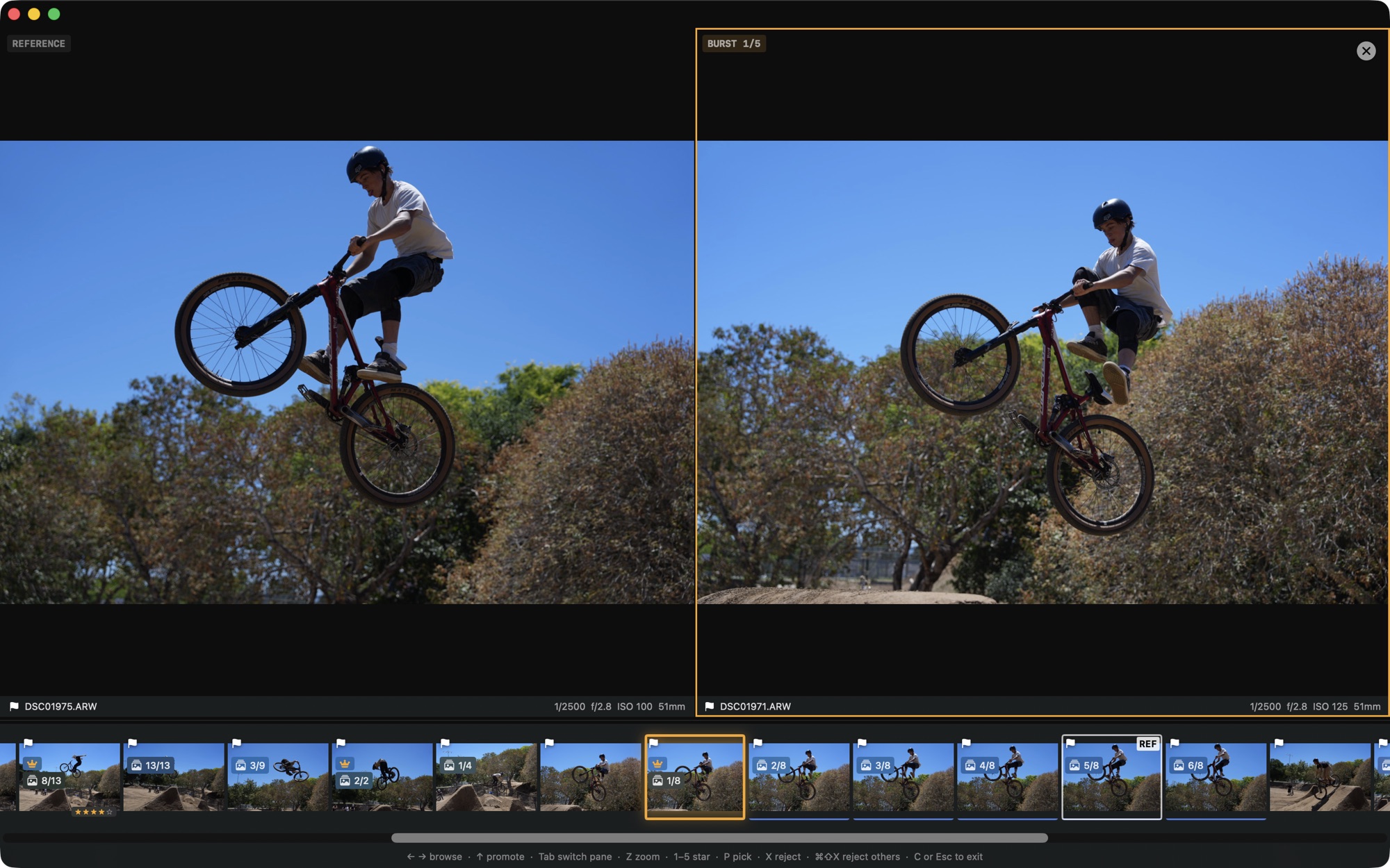 Palomino compare view showing two burst frames of a BMX rider side by side, with a reference pane on the left