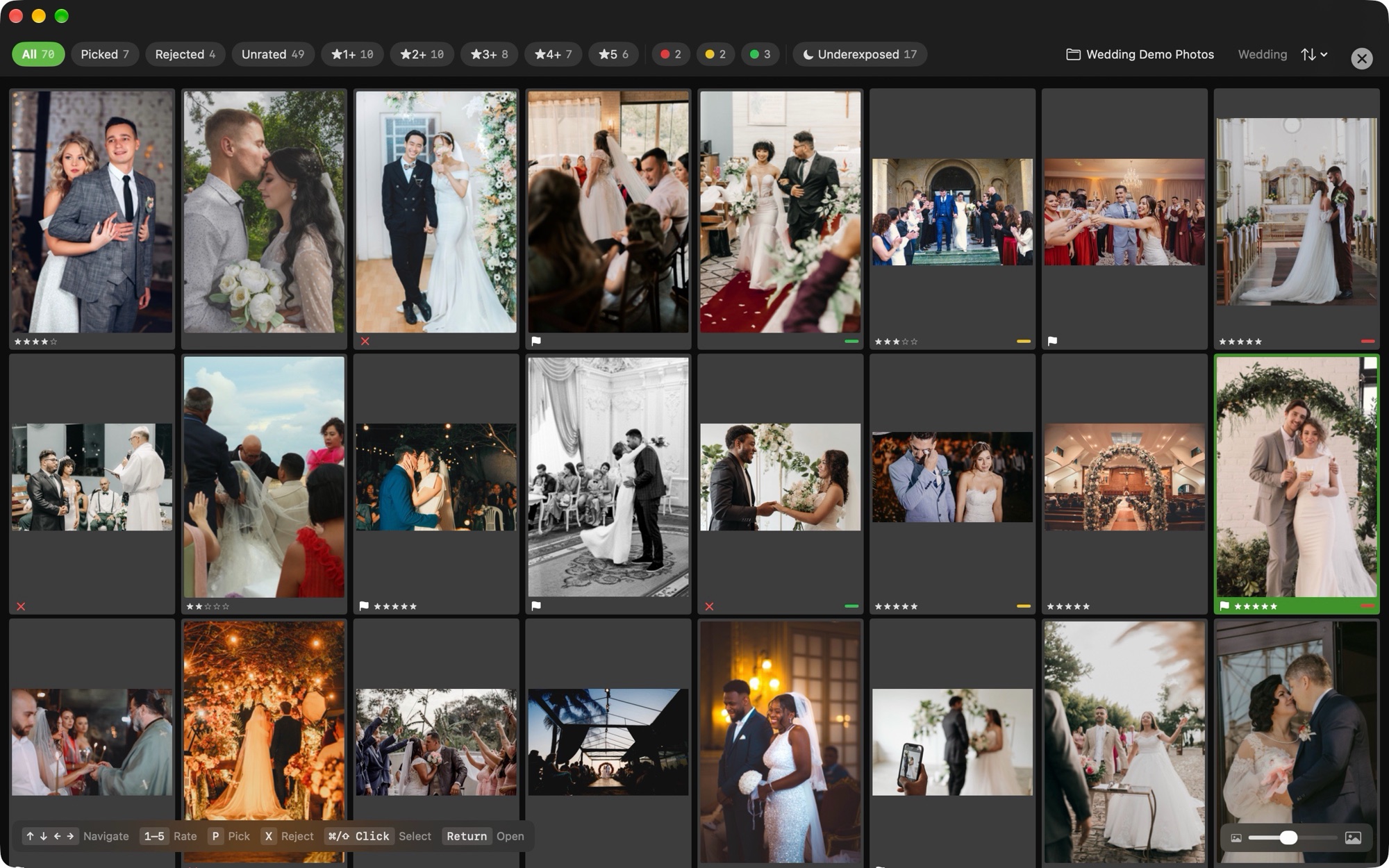 Palomino grid view of a 70-photo wedding folder, with star ratings, pick flags, rejects, and color labels on the thumbnails and a filter bar that counts picks, rejects, ratings, labels, and underexposed frames
