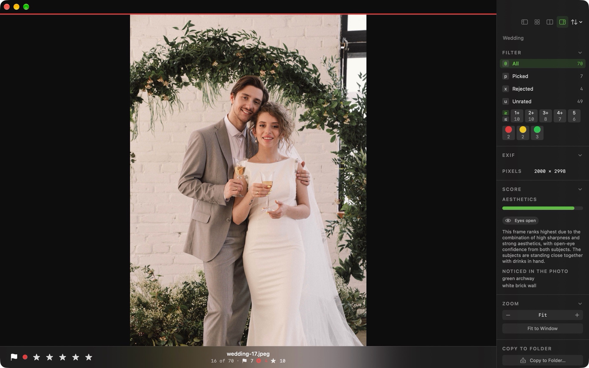 Palomino preview view of a bride and groom holding glasses of champagne under a green archway, with an info panel that shows an eyes-open badge, an aesthetics score, and a written reason for the frame's rank